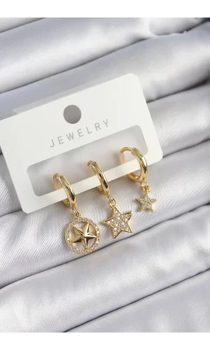 Pirinç Zirkon Taşlı Yıldız Model Gold Renk 3lü Çift Kadın Küpe Set