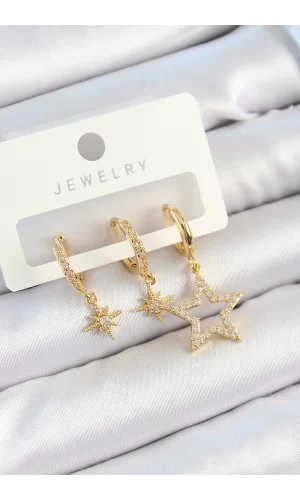 Pirinç Zirkon Taşlı Yıldız Model Gold Renk 3lü Çift Kadın Küpe Set