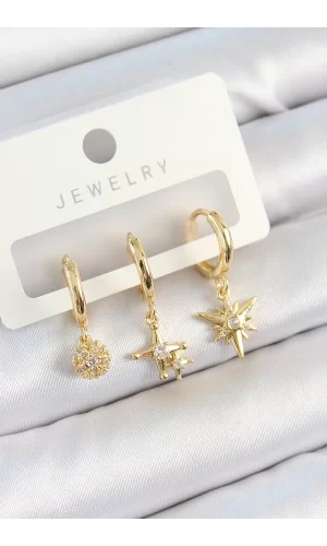 Pirinç Zirkon Taşlı Yıldız Model Gold Renk 3lü Çift Kadın Küpe Set