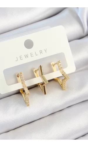 Pirinç Zirkon Taşlı Yıldız Model Gold Renk 3lü Çift Kadın Küpe Set
