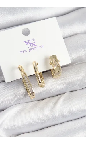 Pirinç Zİrkon Taşlı Yıldız Model Gold Renk 3lü Kadın Küpe