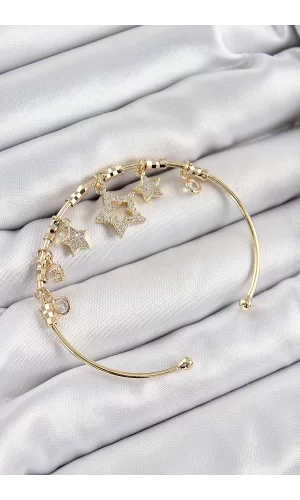 Pirinç Zirkon Taşlı Yıldız Model Gold Renk Charm Bileklik