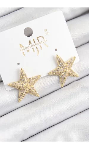 Pirinç Zirkon Taşlı Yıldız Model Gold Renk Kadın Küpe