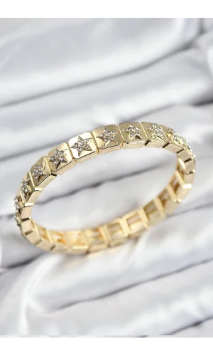 Pirinç Zirkon Taşlı Yıldız Model Gold Renk Lastikli Kadın Bileklik