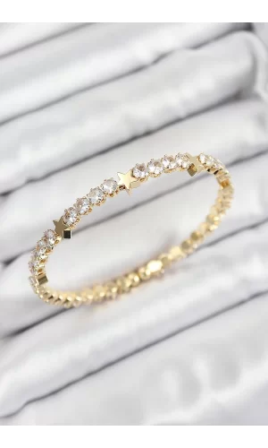 Pirinç Zirkon Taşlı Yıldız Model Gold Renk Yaylı Kadın Bileklik