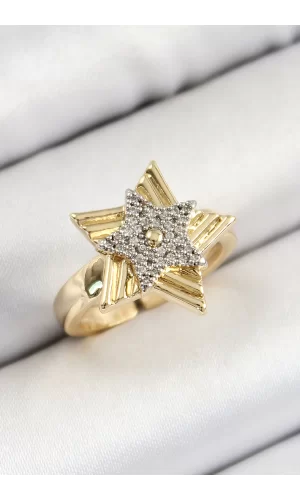 Pirinç Zirkon Taşlı Yıldız Model Gold Ve Gümüş Renk Kadın Yüzük