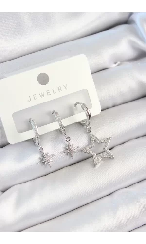 Pirinç Zirkon Taşlı Yıldız Model Gümüş Renk 3lü Çift Kadın Küpe Set