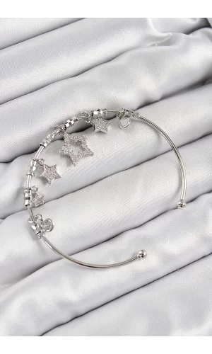 Pirinç Zirkon Taşlı Yıldız Model Gümüş Renk Charm Bileklik