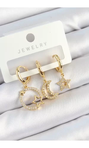 Pirinç Zirkon Taşlı Yıldız Ve Ay Model Gold Renk 3lü Çift Kadın Küpe Set