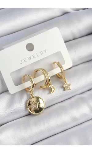 Pirinç Zirkon Taşlı Yıldız Ve Ay Model Gold Renk 3lü Çift Kadın Küpe Set