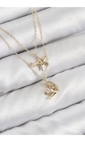 Pirinç Zirkon Taşlı Yıldız Ve Ay Model Gold Renk Kadın Kolye