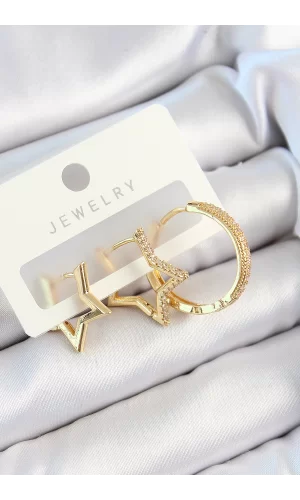 Pirinç Zirkon Taşlı Yıldız Ve Halka Model Gold Renk 3lü Çift Kadın Küpe Set