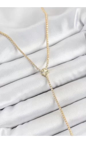 Pirinç Zirkon Taşlı Yonca Figürlü Y Model Gold Renk Kadın Kolye