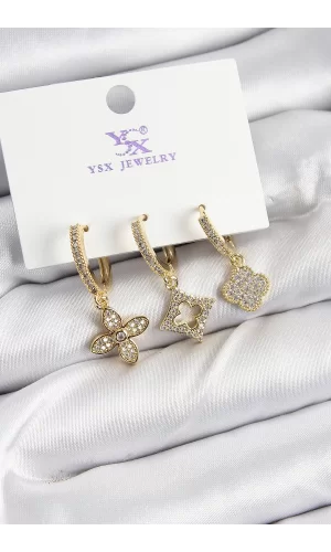 Pirinç Zİrkon Taşlı Yonca Model Gold Renk 3lü Kadın Küpe