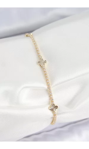 Pirinç Zirkon Taşlı Yonca Model Gold Renk Kadın Bilekilk
