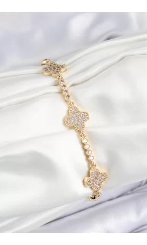 Pirinç Zirkon Taşlı Yonca Model Gold Renk Kadın Bileklik