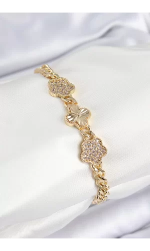 Pirinç Zirkon Taşlı Yonca Model Gold Renk Kadın Bileklik