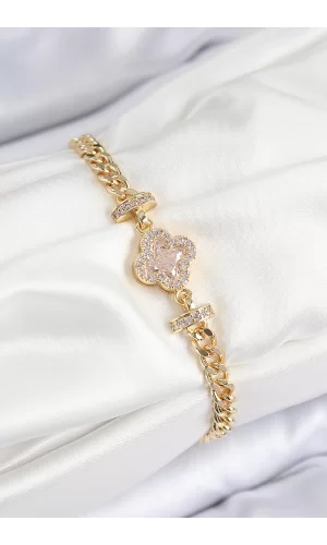 Pirinç Zirkon Taşlı Yonca Model Gold Renk Kadın Bileklik