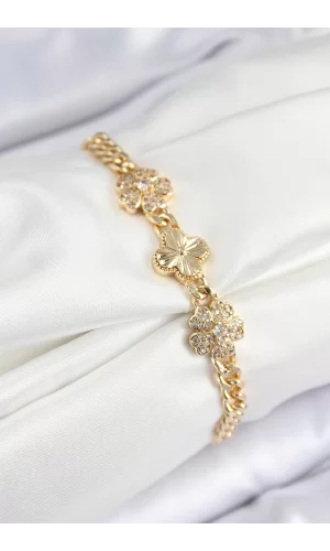 Pirinç Zirkon Taşlı Yonca Model Gold Renk Kadın Bileklik