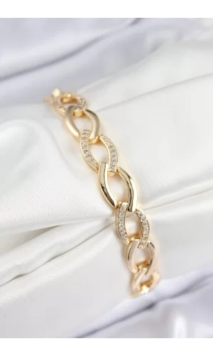 Pirinç Zirkon Taşlı Zincir Model Gold Renk Kadın Bileklik