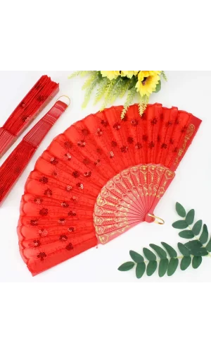 Plastik Pullu Kumaş Yelpaze 12li Kırmızı
