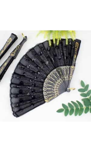 Plastik Pullu Kumaş Yelpaze 12li Siyah