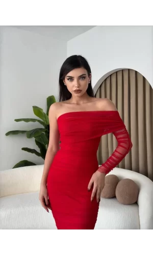 Polack Tek Omuz Tül Elbise