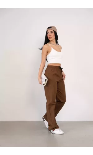 Luz&Pos Praşut Kumaş Paça Cepli Baggy Eşofman - Kahve