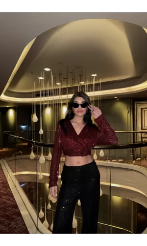 PULLU CROP KRUVAZE BLUZ - Bordo