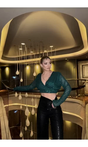 PULLU CROP KRUVAZE BLUZ - Zümrüt