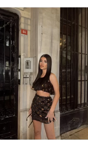 PÜSKÜL PAYET CROP BLUZ-KISA ETEK TAKIM - Gold
