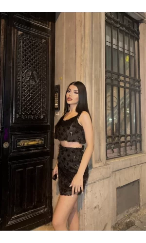 PÜSKÜL PAYET CROP BLUZ-KISA ETEK TAKIM - Siyah
