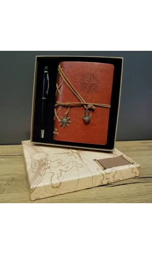 Pusula Baskılı Deri Defter Kalem Seti