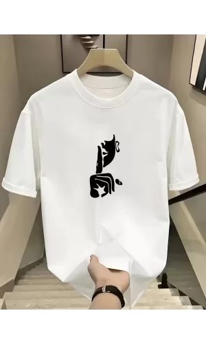 Luz&Pos Rahat Bisiklet Yaka Tişört, Yaratıcı Karikatür Baskı - Yumuşak Polyester, Her Mevsim Giyilebilir- Beyaz