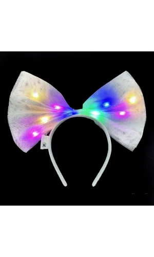 Rengarenk Led Işıklı Fiyonk Şekilli Tül Parti Tacı Beyaz Renk 25x25 Cm