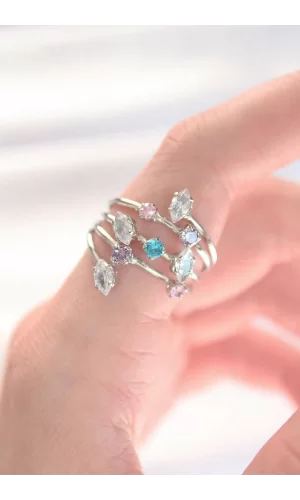 Renkli Zirkon Taşlı Silver Renk Ayarlanabilir Yüzük