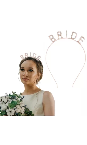 Rose Gold Renk Bekarlığa Veda Kristal Taş Bride Tacı İthal 16x10 Cm