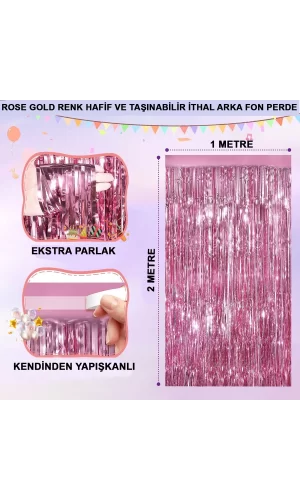 Rose Gold Renk Ekstra Metalize Parlak Saçaklı Arka Fon Perde İthal A Kalite 1x2 Metre