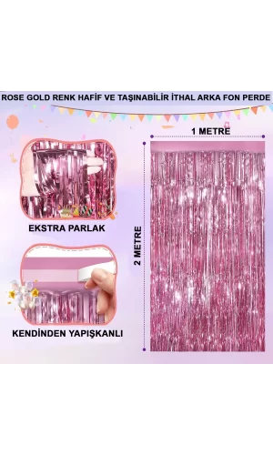 Rose Gold Renk Ekstra Metalize Parlak Saçaklı Arka Fon Perde İthal A Kalite 1x2 Metre