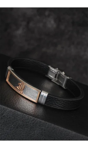 Rose Renk Orak Figürlü Metal Aksesuarlı Siyah Renk Deri Erkek Bileklik