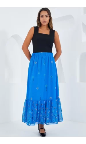 Saks Desenli Şifon Etek 8010