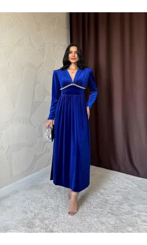 Saks Göğüs Altı Taşlı Elbise