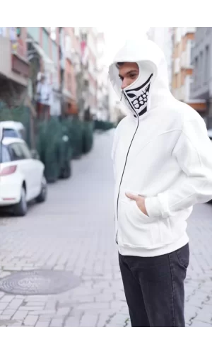 Luz&Pos Samuray Kapşonlu Zıp Fermuarlı Çift Kapşonlu Nakışlı Sweatshirt- Beyaz