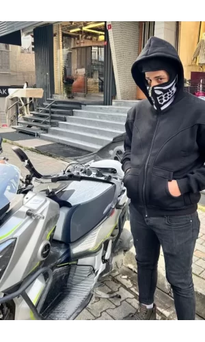 Luz&Pos Samuray Kapşonlu Zıp Fermuarlı Çift Kapşonlu Nakışlı Sweatshirt- Siyah
