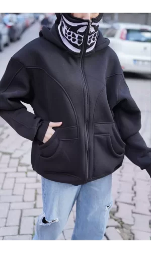 Luz&Pos Samuray Kapşonlu Zıp Fermuarlı Çift Kapşonlu Nakışlı Sweatshirt- Siyah