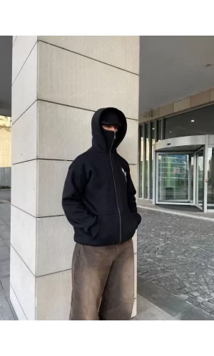 Luz&Pos Samuray Kapüşonlu Zıp Fermuarlı Kapüşonlu Sweatshirt - Siyah