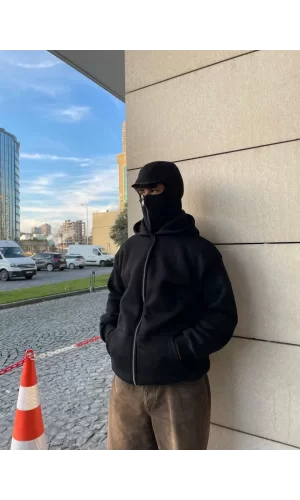 Luz&Pos Samuray Kapüşonlu Zıp Fermuarlı Kapüşonlu Sweatshirt - Siyah