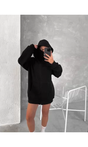 Samuray ZIP Fermuarlı Kapüşonlu SweatShirt- Siyah