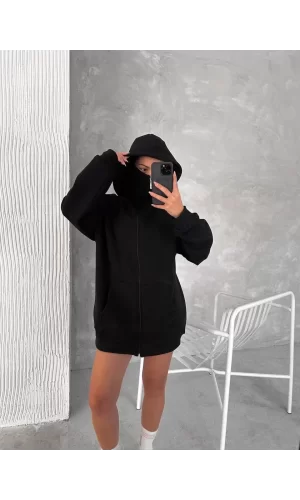 Luz&Pos Samuray Zıp Fermuarlı Kapüşonlu Sweatshirt- Siyah