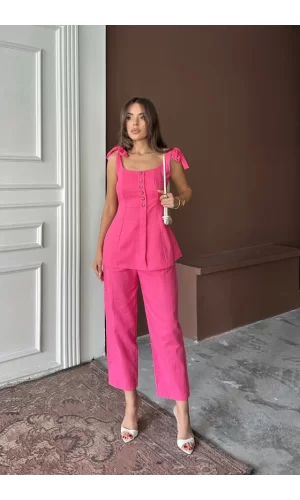 ŞANTUK KETEN YELEK GÖRÜNÜMLÜ  ASKILI BLUZ - PANTOLON TK - Fuşya